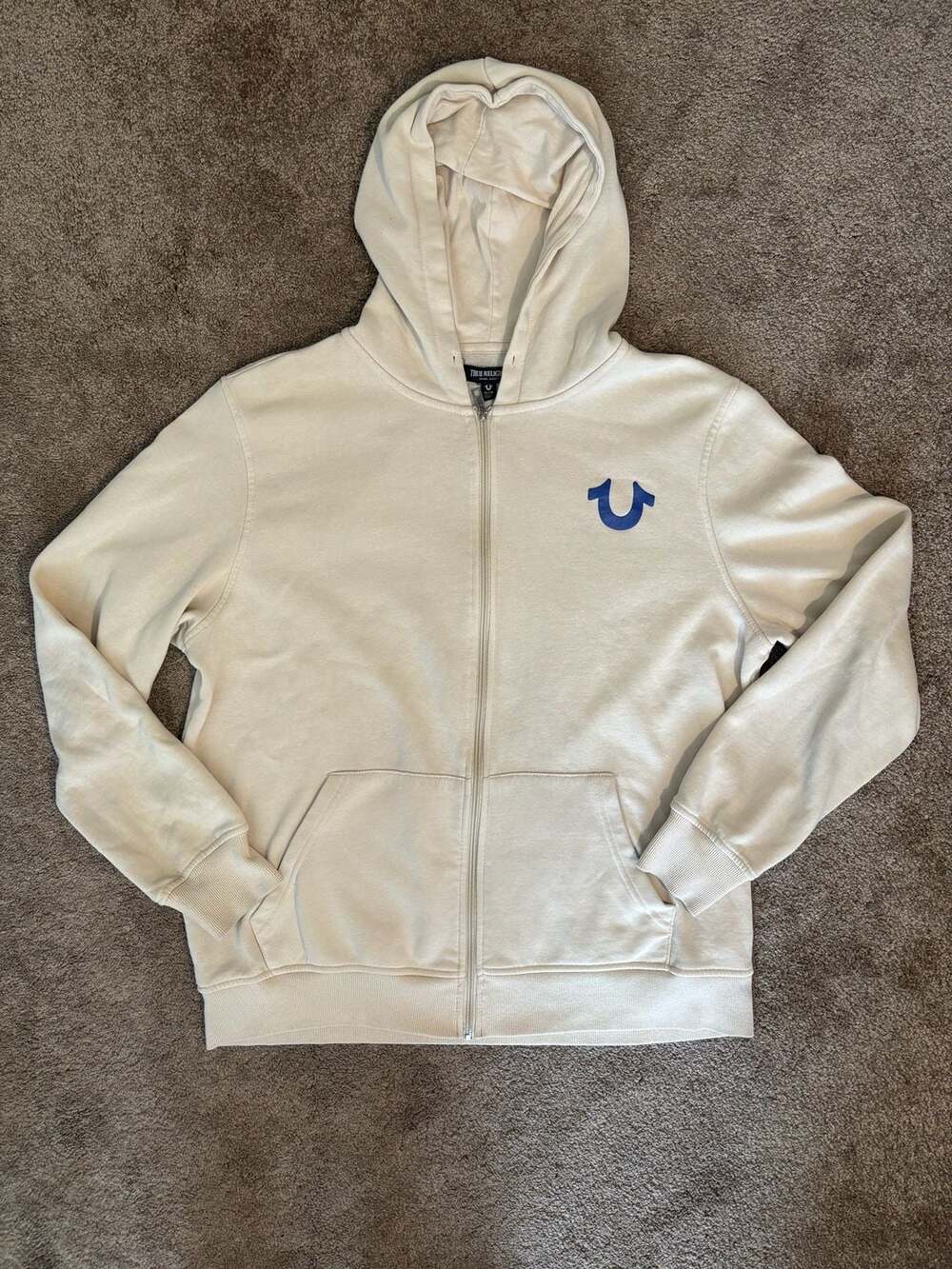 True Religion Men's Guitar Buddha Logo Full-Zip Hoodie Beige Size XL